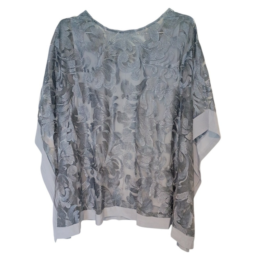 Oleg Cassini Mystic Grey Embroidered Cape Pan Mesh Sheer Top Plus Size 14 NEW - Picture 2 of 13